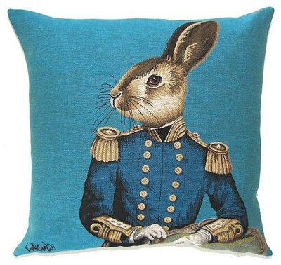 ARISTO RABBIT Tapestry Pillow Covers are woven on a Jacquard loom (crafted with true traditional tapestry technique) with 100% high quality cotton thread, lined with a plain beige cotton backing and close with a zipper. Size: 18" X 18"