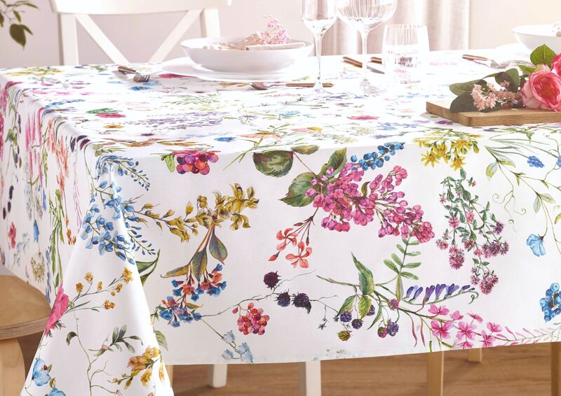 SYLVIE WILDFLOWERS French Country Flowers Berries Acrylic Cotton Coated Tablecloth - French Oilcloth Indoor Outdoor Party Table Decor - Spill Proof Easy Wipe Off Laminated Table cloths - French Elegant Nature Flowers Home Decoration Gifts