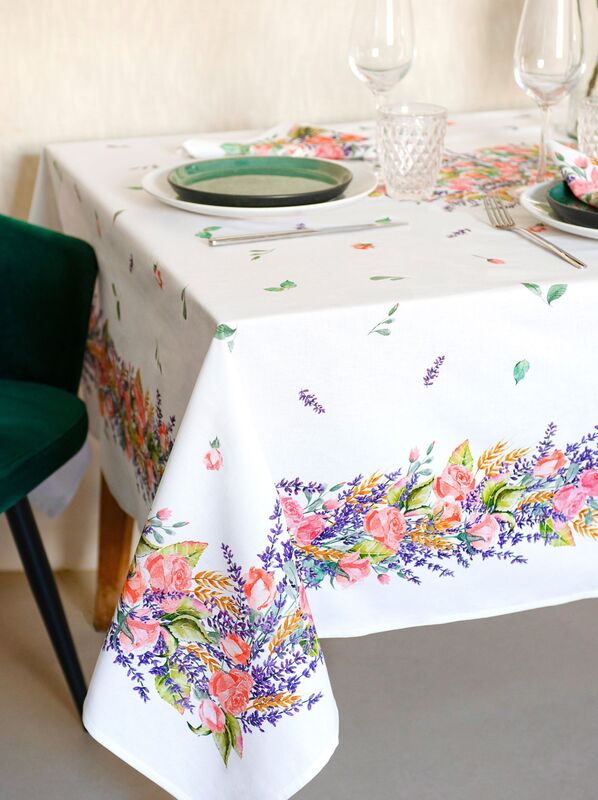 JULIET FLORAL Provence Cotton Coated Tablecloths - French Oilcloth Spill Proof Easy Wipe Off Fabric - Elegant Roses Lavender Party Table Cover - Home Decoration Gifts