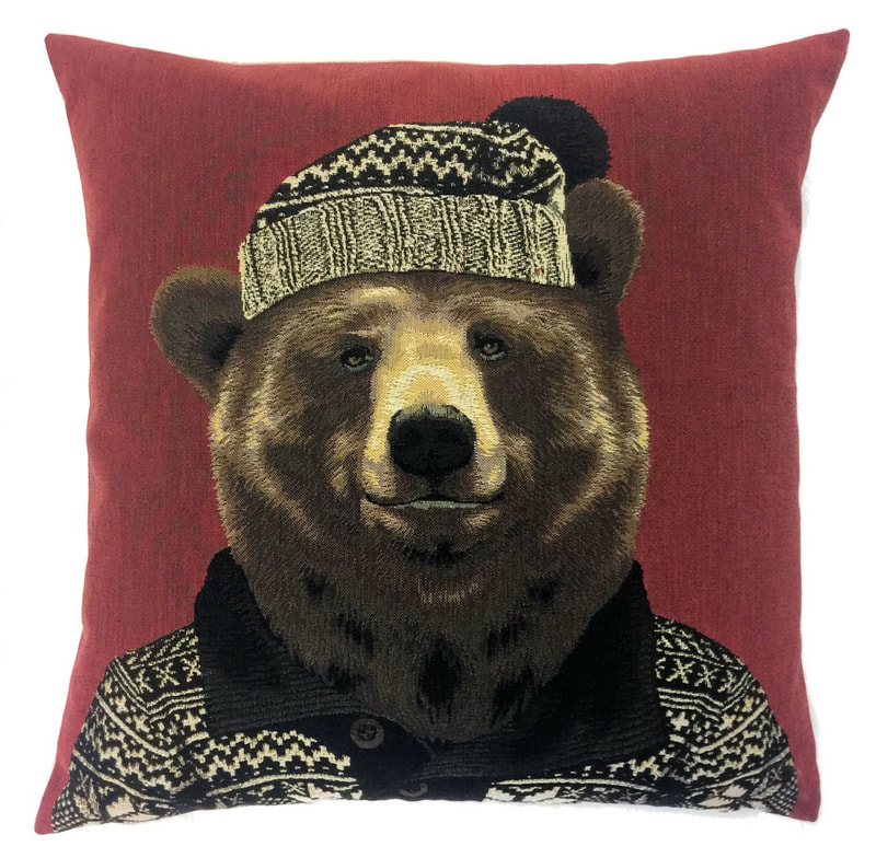 MOUNTAIN GRIZZLY BEAR RED Belgian Tapestry Throw Pillow Cases - Decorative 18 X 18 Square Pillow Covers - Zippered Throw Pillow Case - Jacquard Woven Belgium Tapestry Cushion Covers - Fun Forest Animals Throw Cushions - Mountain House Forest Bear Home Decor Gifts