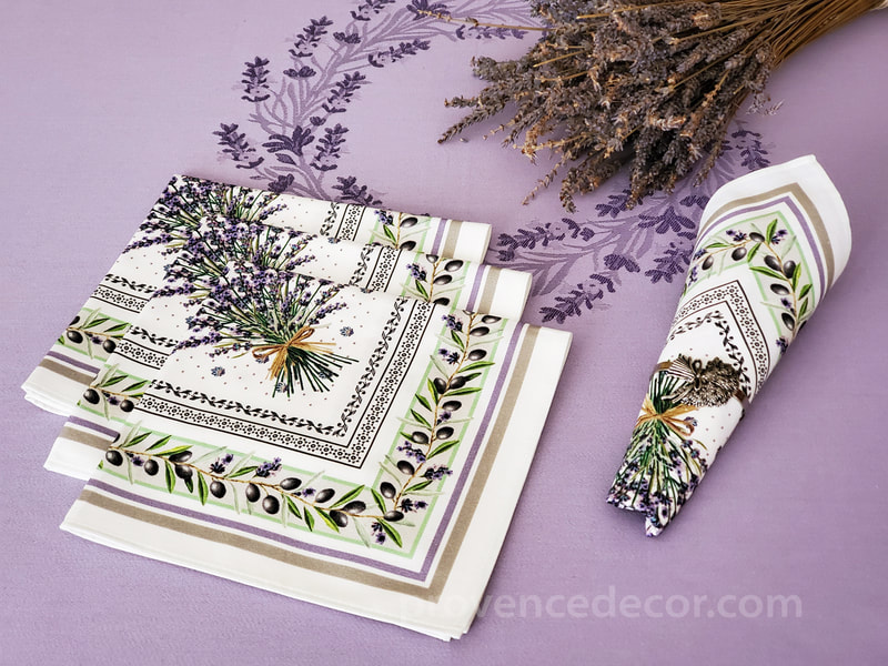 PROVENCE LAVENDER WHITE French Decorative Napkin Set - High Quality Absorbent Soft Printed Cotton - French Country Design - Provence Olives Lavender Flowers Table Home Decor Gifts