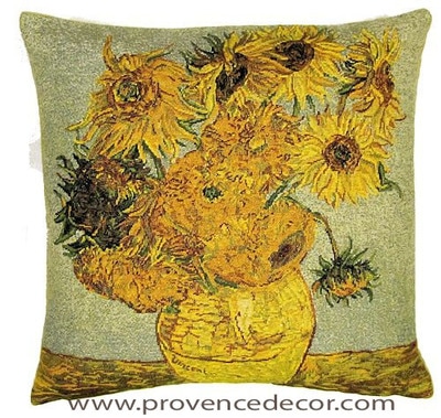 The SUNFLOWERS Tapestry Cushion is a replica of Van Gogh's famous artwork in Tapestry. The details are exquisite, looks like a real painting!. These gorgeous Jacquard Tapestry Throw Pillow Cases are the authentic GOBELIN Tapestry woven with 100% high quality cotton, lined with a soft beige velvet backing and close with a zipper. Size 18" X 18"