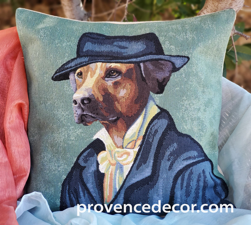 VAN GOGH YELLOW LABRADOR PORTRAIT Authentic European Tapestry Throw Pillow Case - Van Gogh Dog Art Decorative Pillow Covers - Museum Art Dog Decor Lovers Cushion Covers - Art in Tapestry Home Decor Gifts