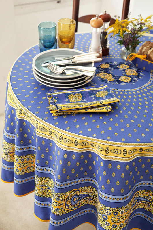 BASTIDE BLUE YELLOW Acrylic Cotton Coated French Provence Table cloth - French Marat Avignon Oilcloth Easy Wipe Off Laminated Fabric - Indoor Outdoor Party Table Decor - French Country Home Decor Gifts