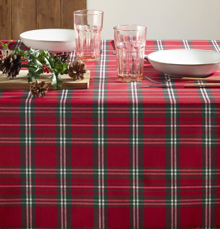 CALEDONIA TARTAN RED Acrylic Cotton Coated Tablecloths - French Oilcloth Indoor Outdoor Party Traditional Scottish Style Plaid Fabric - Spill Proof Easy Wipe Off Laminated Table Cover - Home Decoration Gifts