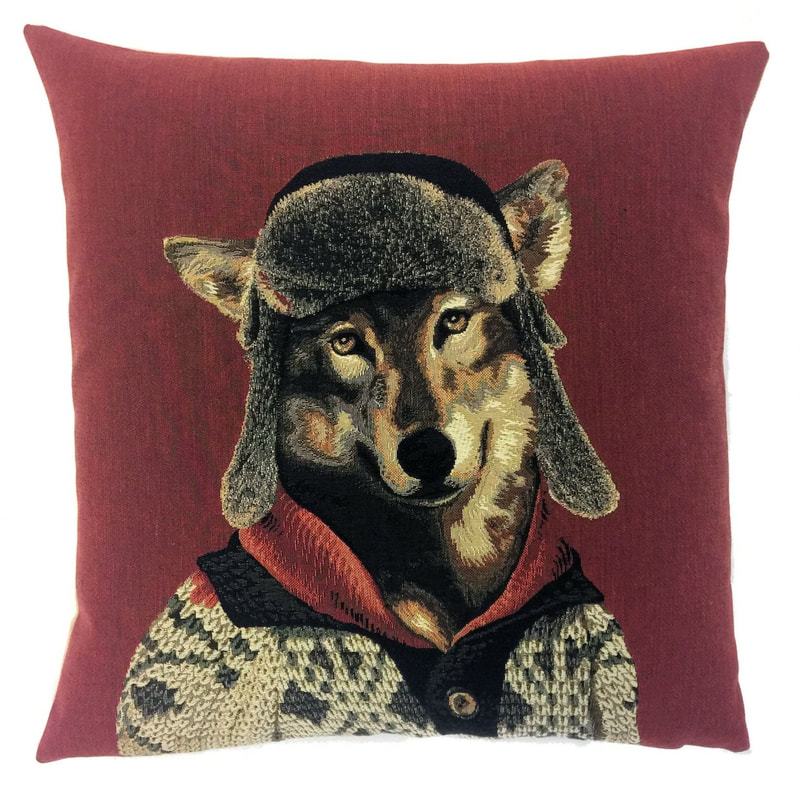 MOUNTAIN WOLF RED Belgian Tapestry Throw Pillow Cases - Decorative 18 X 18 Square Pillow Covers - Zippered Throw Pillow Case - Jacquard Woven Belgium Tapestry Cushion Covers - Fun Forest Animals Throw Cushions - Mountain House Forest Wolf Home Decor Gifts