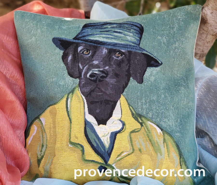 VAN GOGH BLACK LABRADOR PORTRAIT Authentic European Tapestry Throw Pillow Case - Van Gogh Dog Art Decorative Pillow Covers - Museum Art Dog Decor Lovers Cushion Covers - Art in Tapestry Home Decor Gifts