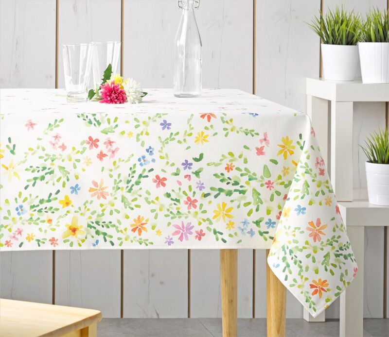 COUNTRY FLOWERS BORDER DESIGN Wildflowers Aquarelle Painting Style Border Print Tablecloth - French Oilcloth Acrylic Cotton Coated Spill Proof Easy Wipe Off Fabric - In/Outdoor Elegant Party Table Decor - French Country Nature Flowers Home Decoration Gift