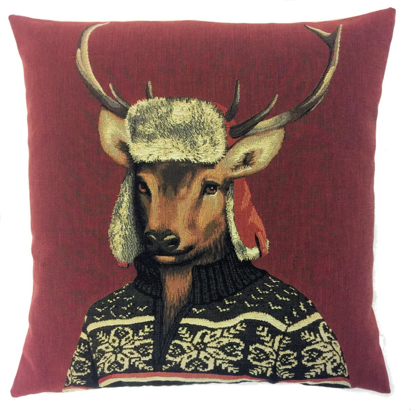 MOUNTAIN DEER RED Belgian Tapestry Throw Pillow Cases - Decorative 18 X 18 Square Pillow Covers - Zippered Throw Pillow Case - Jacquard Woven Belgium Tapestry Cushion Covers - Fun Forest Animals Throw Cushions - Mountain House Forest Winter Ski Deer Stag Home Decor Gifts
