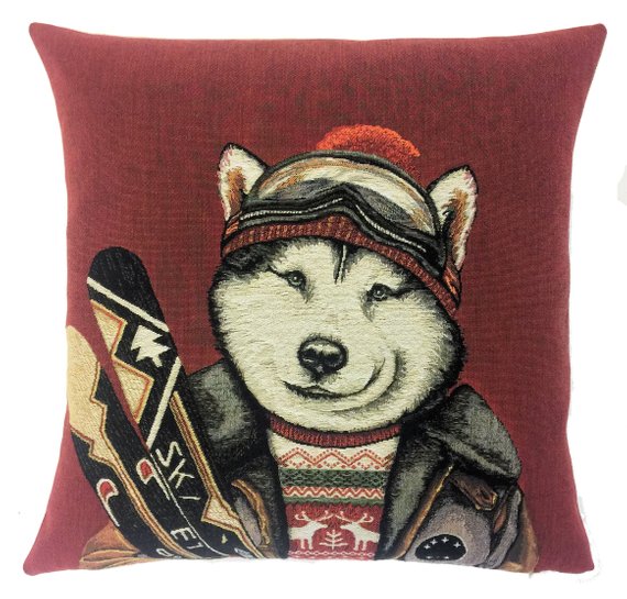 WOLF SKI Authentic European Belgian Tapestry Throw Pillow Cases - Decorative Pillow Covers - Zippered Throw Pillow Case - Wolf and Ski Decor Cushion Covers - Forest Animals Lovers Gift - Vintage Ski Mountain Home Decor