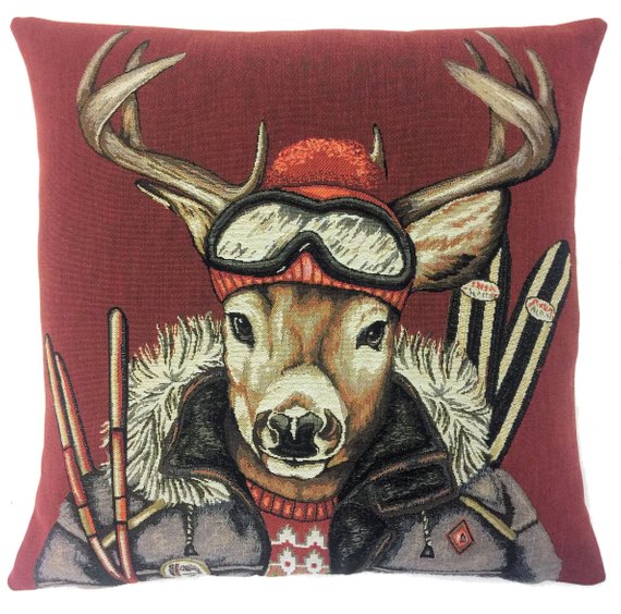 DEER VINTAGE SKI Authentic European Belgian Tapestry Throw Pillow Cases - Decorative Pillow Covers - Zippered Throw Pillow Case - Deer and Ski Decor Cushion Covers - Forest Animals Stag Lovers Gift - Antique Ski Mountain Home Decor