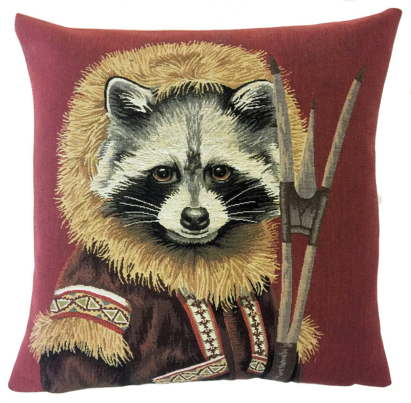 RACOON ESKIMO Belgian Tapestry Throw Pillow Cases - Decorative 18 X 18 Square Pillow Covers - Zippered Throw Pillow Case - Jacquard Woven Belgium Tapestry Cushion Covers - Fun Forest Animals Throw Cushions - Mountain House Forest Racoon Home Decor Gifts
