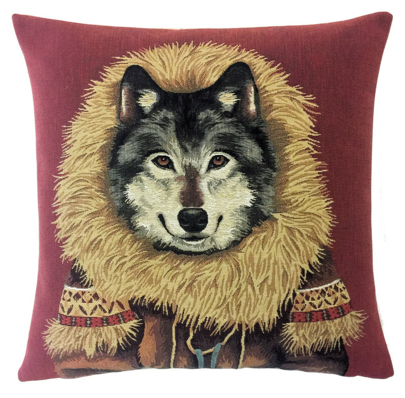 WOLF ESKIMO Tapestry Throw Pillow Cases - Decorative 18 X 18 Square Pillow Covers - Zippered Throw Pillow Case - Jacquard Woven Tapestry Cushion Covers - Fun Forest Animals Throw Cushions - Mountain House Forest Wolf Home Decor Gifts