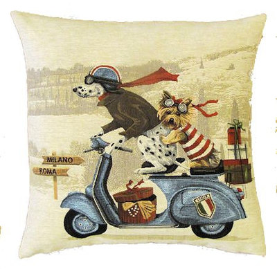 DOGS DALMATIAN AND YORKSHIRE TERRIER ON BLUE VESPA - SCOOTER European Belgian Tapestry Throw Pillow Cases - Decorative 18 X 18 Pillow Covers - Zippered Throw Pillow Case - Jacquard Woven Belgium Tapestry Cushion Covers - Fun Dressed Dog Throw Cushions - Dog Lover Gift - Antique Classic Motorcycles Home Decor