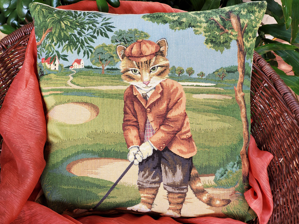 GOLFER CAT BROWN Authentic European Tapestry Throw Pillow Cases - Golfing Animal Lovers Decorative Cushion Covers - Golf Players Home Decor Gifts