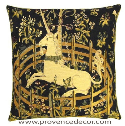 The UNICORN IN CAPTIVITY Tapestry Cushion Cover is a replica of the famous series of The Lady and the Unicorn artwork in Tapestry. The details are exquisite, looks like the original ones. These gorgeous Jacquard Tapestry Throw Pillow Cases are the authentic GOBELIN Tapestry woven with 100% high quality cotton, lined with a soft beige velvet backing and close with a zipper. Size: 18" X 18"