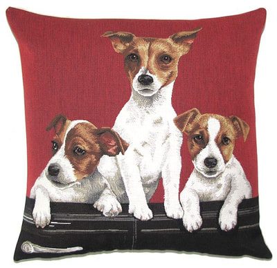 DOGS JACK RUSSELL PUPPIES IN VINTAGE CAR Tapestry Pillow Covers are woven on a Jacquard loom (crafted with true traditional tapestry technique) with 100% high quality cotton thread, lined with a plain beige cotton backing and close with a zipper. Size: 18" X 18"