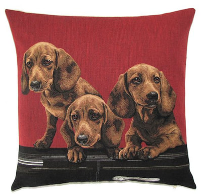 DOGS SPANIEL PUPPIES IN VINTAGE CAR Tapestry Pillow Covers are woven on a Jacquard loom (crafted with true traditional tapestry technique) with 100% high quality cotton thread, lined with a plain beige cotton backing and close with a zipper. Size: 18" X 18"