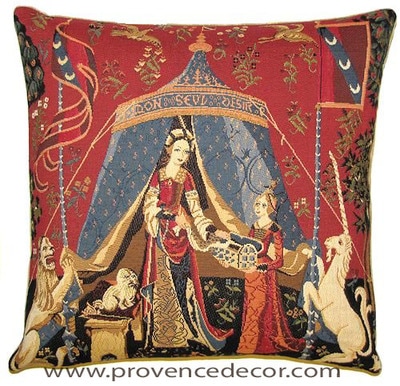 The MY ONLY DESIRE Tapestry Cushion Cover is a replica of the famous series of The Lady and the Unicorn artwork in Tapestry. The details are exquisite, looks like the original ones. These gorgeous Jacquard Tapestry Throw Pillow Cases are the authentic GOBELIN Tapestry woven with 100% high quality cotton, lined with a soft beige velvet backing and close with a zipper. Size: 18" X 18"