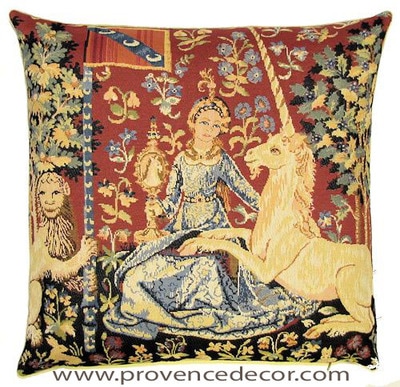 The SIGHT Tapestry Cushion Cover is a replica of the famous series of The Lady and the Unicorn artwork in Tapestry. The details are exquisite, looks like the original ones. These gorgeous Jacquard Tapestry Throw Pillow Cases are the authentic GOBELIN Tapestry woven with 100% high quality cotton, lined with a soft beige velvet backing and close with a zipper. Size: 18" X 18"