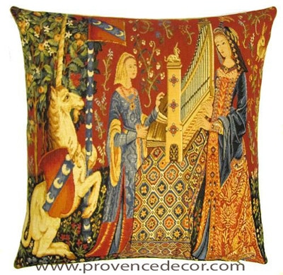The HEARING Tapestry Cushion Cover is a replica of the famous series of The Lady and the Unicorn artwork in Tapestry. The details are exquisite, looks like the original ones. These gorgeous Jacquard Tapestry Throw Pillow Cases are the authentic GOBELIN Tapestry woven with 100% high quality cotton, lined with a soft beige velvet backing and close with a zipper. Size: 18" X 18"