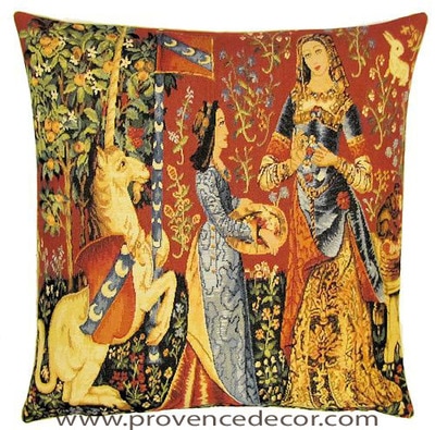 The SMELL Tapestry Cushion Cover is a replica of the famous series of The Lady and the Unicorn artwork in Tapestry. The details are exquisite, looks like the original ones. These gorgeous Jacquard Tapestry Throw Pillow Cases are the authentic GOBELIN Tapestry woven with 100% high quality cotton, lined with a soft beige velvet backing and close with a zipper. Size: 18" X 18"
