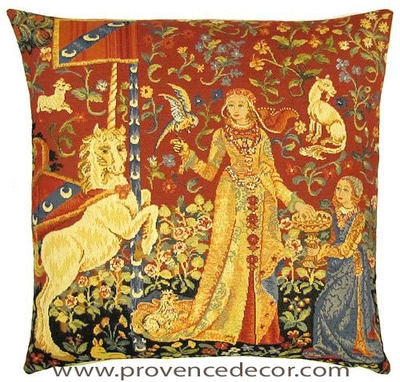 The TASTE Tapestry Cushion Cover is a replica of the famous series of The Lady and the Unicorn artwork in Tapestry. The details are exquisite, looks like the original ones.
These gorgeous Jacquard Tapestry Throw Pillow Cases are the authentic GOBELIN Tapestry woven with 100% high quality cotton, lined with a soft beige velvet backing and close with a zipper. Size: 18" X 18"
