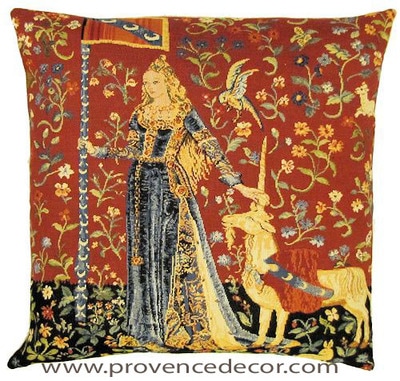The TOUCH Tapestry Cushion Cover is a replica of the famous series of The Lady and the Unicorn artwork in Tapestry. The details are exquisite, looks like the original ones. These gorgeous Jacquard Tapestry Throw Pillow Cases are the authentic GOBELIN Tapestry woven with 100% high quality cotton, lined with a soft beige velvet backing and close with a zipper. Size: 18" X 18"