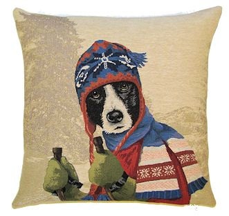 DOG SKIER BORDER COLLIE BLUE European Belgian Tapestry Throw Pillow Cases - Decorative 18 X 18 Square Pillow Covers - Zippered Throw Pillow Case - Jacquard Woven Belgium Tapestry Cushion Covers - Fun Dressed Dog Throw Cushions - Dog Lover Gift - Antique Classic Vintage Ski Home Decor