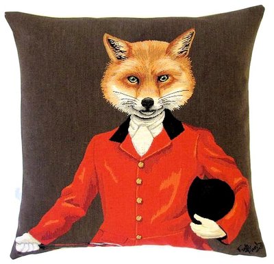 LORD FOX WITH HAT BROWN Tapestry Pillow Covers are woven on a Jacquard loom (crafted with true traditional tapestry technique) with 100% high quality cotton thread, lined with a plain beige cotton backing and close with a zipper. Size: 18" X 18"