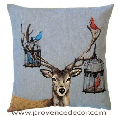 DEER WITH BIRD CAGES Tapestry Pillow Covers are woven on a Jacquard loom (crafted with true traditional tapestry technique) with 100% high quality cotton thread, lined with a plain beige cotton backing and close with a zipper. Size: 18" X 18"