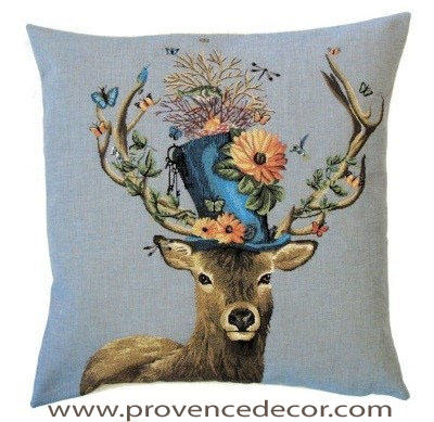 DEER WITH FLOWER HAT Belgian Tapestry Throw Pillow Cases - Decorative 18 X 18 Square Pillow Covers - Zippered Throw Pillow Case - Jacquard Woven Belgium Tapestry Cushion Covers - Fun Forest Animals Throw Cushions - Mountain House Forest Deer Stag Flowers Home Decor Gifts