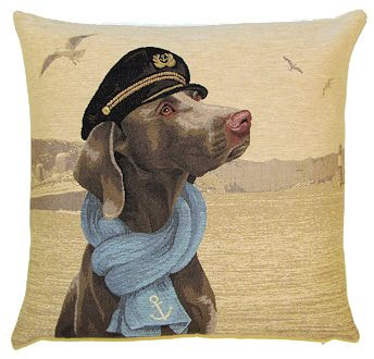 DOG SAILOR WEIMARANER European Belgian Tapestry Throw Pillow Cases - Decorative 18 X 18 Square Pillow Covers - Zippered Throw Pillow Case - Jacquard Woven Belgium Tapestry Cushion Covers - Fun Dressed Dog Throw Cushions - Dog Lover Gift - Navy Sailor Marin Ocean Home Decor Gifts
