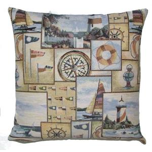 NAUTICAL Belgian Tapestry Throw Pillow Cases - Decorative 18 X 18 Square Pillow Covers - Zippered Throw Pillow Case - Jacquard Woven Belgium Tapestry Cushion Covers - Marin Ocean Light House Reversible Throw Cushions - Ocean Front House Home Decor Gifts