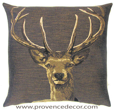 STAG HEAD BROWN Belgian Tapestry Throw Pillow Cases - Decorative 18 X 18 Square Pillow Covers - Zippered Throw Pillow Case - Jacquard Woven Belgium Tapestry Cushion Covers - Fun Forest Animals Throw Cushions - Mountain House Forest Deer Stag Head Home Decor Gifts
