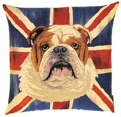 DOG ENGLISH BULLDOG UNION JACK FLAG Belgian Tapestry Throw Pillow Cases - Decorative 18 X 18 Square Pillow Covers - Zippered Throw Pillow Case - Jacquard Woven Belgium Tapestry Cushion Covers - Fun Dressed Dog Throw Cushions - Dog Lover Gift - Bulldog English Flag London Home Decor Gifts