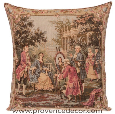 The PAINTING Tapestry Cushion Cover is a replica of Francois Boucher famous artwork in Tapestry. The details are exquisite, looks like a real painting.These gorgeous Jacquard Tapestry Throw Pillow Cases are the authentic GOBELIN Tapestry woven with 100% high quality cotton, lined with a soft beige velvet backing and close with a zipper. Size: 18" X 18"
