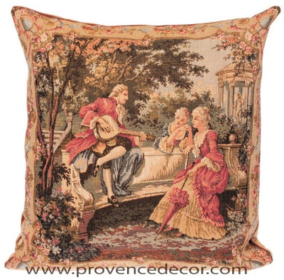The PLAYING MUSIC Tapestry Cushion Cover is a replica of Francois Boucher famous artwork in Tapestry. The details are exquisite, looks like a real painting. These gorgeous Jacquard Tapestry Throw Pillow Cases are the authentic GOBELIN Tapestry woven with 100% high quality cotton, lined with a soft beige velvet backing and close with a zipper. 
Size: 18" X 18"