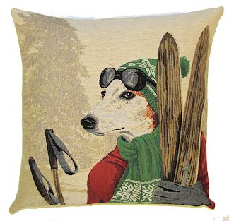 DOG SKIER JACK RUSSELL GREEN European Belgian Tapestry Throw Pillow Cases - Decorative 18 X 18 Square Pillow Covers - Zippered Throw Pillow Case - Jacquard Woven Belgium Tapestry Cushion Covers - Fun Dressed Dog Throw Cushions - Dog Lover Gift - Antique Classic Vintage Ski Home Decor
