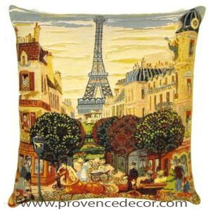 The PARIS EIFFEL TOWER Pillow Cover is a Gobelin Tapestry Art Design of the Eiffel Tower in the old beautiful streets of Paris. The details are exquisite. These gorgeous Jacquard Tapestry Throw Pillow Cases are the authentic GOBELIN Tapestry woven with 100% high quality cotton, lined with a soft beige velvet backing and close with a zipper. Size: 18" X 18"