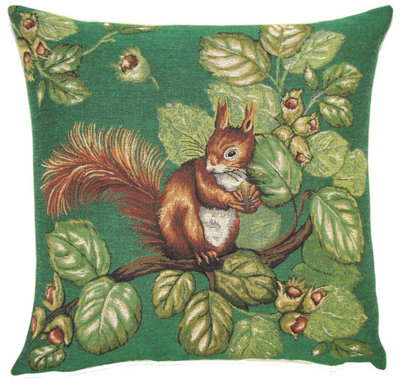 SQUIRREL ON FOREST TREE Tapestry Pillow Covers are woven on a Jacquard loom (crafted with true traditional tapestry technique) with 100% high quality cotton thread, lined with a plain beige cotton backing and close with a zipper. Size: 18" X 18"