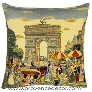 The PARIS ARC DE TRIOMPHE - ARCH OF TRIUMPH Pillow Cover is a Gobelin Tapestry Art Design of the Arc de Triomphe in the old beautiful streets of Paris. These gorgeous Jacquard Tapestry Throw Pillow Cases are the authentic GOBELIN Tapestry woven with 100% high quality cotton, lined with a soft beige velvet backing and close with a zipper. Size: 18" X 18"