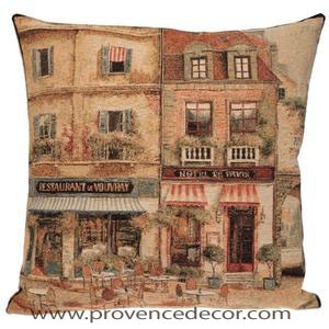 The RESTAURANT IN PARIS Pillow Cover is a Gobelin Tapestry Art Design​ of an Authentic Restaurant in the beautiful streets of Paris. The details are exquisite. These gorgeous Jacquard Tapestry Throw Pillow Cases are the authentic GOBELIN Tapestry woven with 100% high quality cotton, lined with a soft beige velvet backing and close with a zipper. Size: 18" X 18"