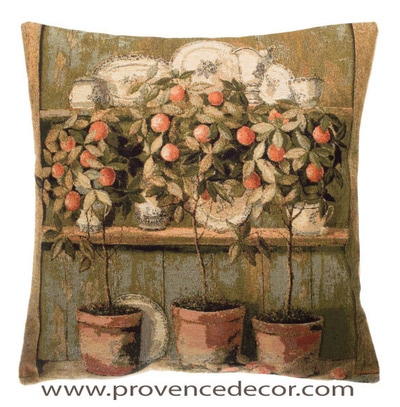 The ORANGE TREE DECOR Pillow Cover is a Gobelin Tapestry Art Design​ of a French Country Orange Tree Decor. The details are exquisite. These gorgeous Jacquard Tapestry Throw Pillow Cases are the authentic GOBELIN Tapestry woven with 100% high quality cotton, lined with a soft beige velvet backing and close with a zipper.
Size: 18" X 18"
