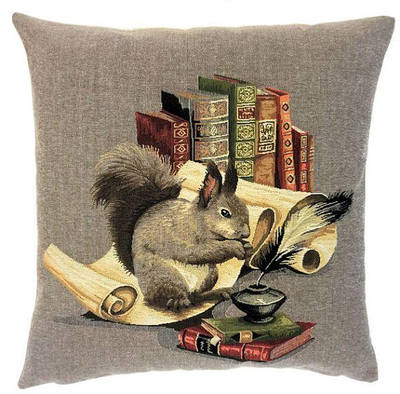 SQUIRREL IN LIBRARY Tapestry Pillow Covers are woven on a Jacquard loom (crafted with true traditional tapestry technique) with 100% high quality cotton thread, lined with a plain beige cotton backing and close with a zipper. Size: 18" X 18"