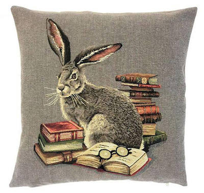 RABBIT IN LIBRARY Tapestry Pillow Covers are woven on a Jacquard loom (crafted with true traditional tapestry technique) with 100% high quality cotton thread, lined with a plain beige cotton backing and close with a zipper. Size: 18" X 18"