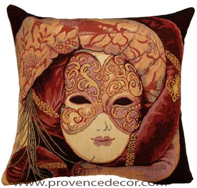 The VENICE MASK BELLA Pillow Cover is a Gobelin Tapestry Art Design of a Venice Mask used in the Carnival of Venice. These gorgeous Jacquard Tapestry Throw Pillow Cases are the authentic GOBELIN Tapestry woven with 100% high quality cotton, lined with a soft beige velvet backing and close with a zipper. Size: 16" X 16"