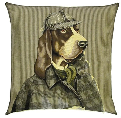 DOG BASSET HOUND SHERLOCK HOLMES Belgian Tapestry Throw Pillow Cases - Decorative 18 X 18 Square Pillow Covers - Zippered Throw Pillow Case - Jacquard Woven Belgium Tapestry Cushion Covers - Fun Dressed Dog Throw Cushions - Dog Lover Gift - Basset Hound Detective Sherlock Holmes Home Decor Gifts