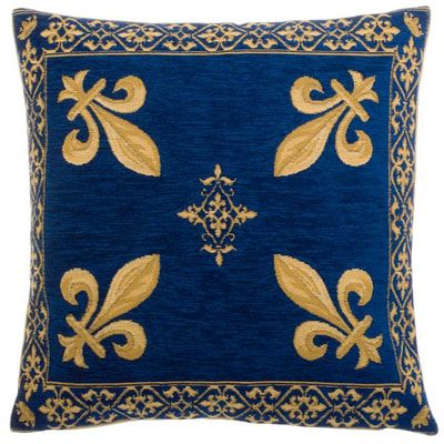 The FLEUR DE LYS BLUE Pillow Cover is a Gobelin Tapestry Art Design of the Fleur de Lys used by many Royalties in France. These gorgeous Jacquard Tapestry Throw Pillow Cases are the authentic GOBELIN Tapestry woven with 100% high quality cotton, lined with a soft beige velvet backing and close with a zipper. Size: 18" X 18"