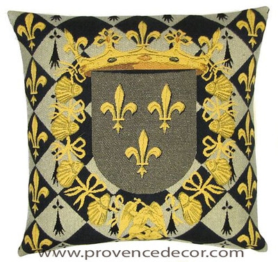 The FLEUR DE LYS CREST Pillow Cover is a Gobelin Tapestry Art Design of the Fleur de Lys used by many Royalties in France. These gorgeous Jacquard Tapestry Throw Pillow Cases are the authentic GOBELIN Tapestry woven with 100% high quality cotton, lined with a soft beige velvet backing and close with a zipper. Size: 18" X 18"